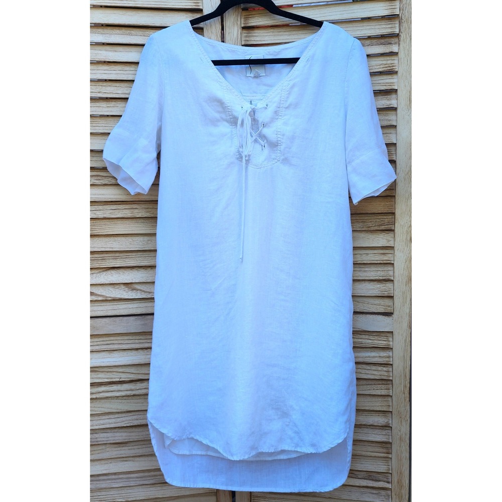 Finley Sz M White 100% Linen Lace Up V-Neck High Low Tunic Dress Minimalist